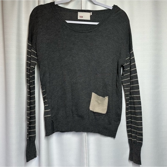 Anthropologie YOON Sweater M Gray Striped Dropped Sleeves Wool Blend Minimalist - Picture 2 of 11